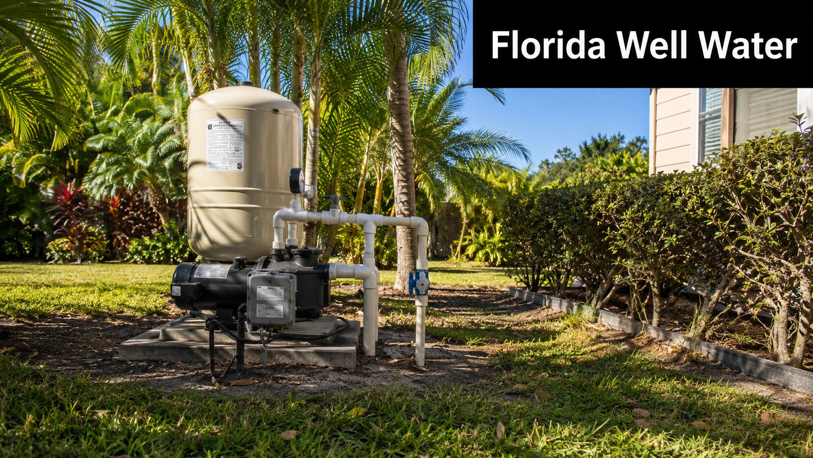 A beige residential water pressure tank and pump system installed outdoors in a sunny Florida landscape setting.