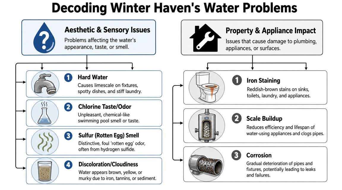 A diagnostic infographic detailing common water quality issues in Winter Haven, categorized by sensory problems and property damage.