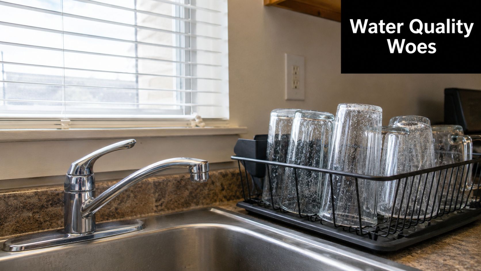 A kitchen sink faucet and a dish drying rack filled with water-spotted glassware near a window.