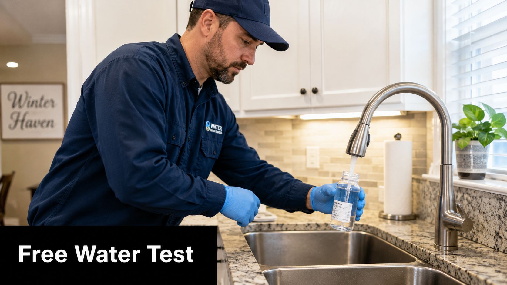 A professional water technician in a blue uniform takes a sample from a kitchen sink faucet.