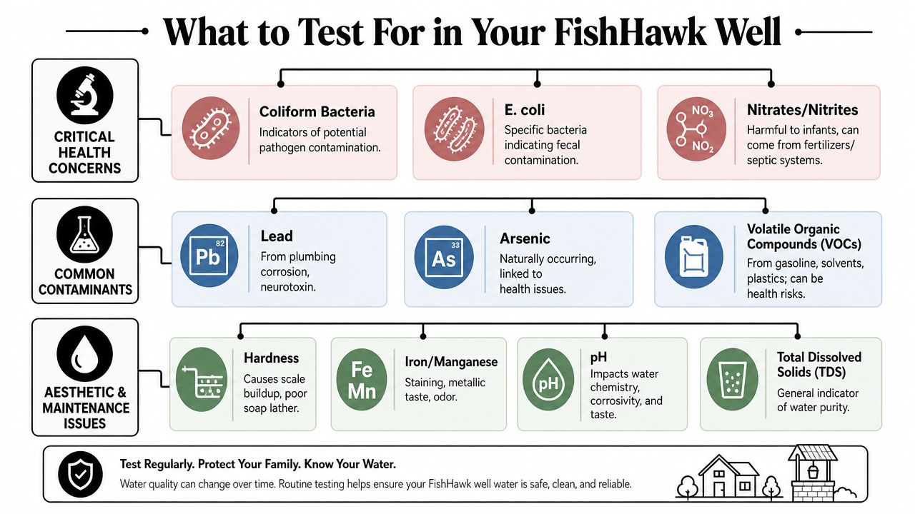 An infographic detailing important water quality tests for private wells in the FishHawk area of Florida.