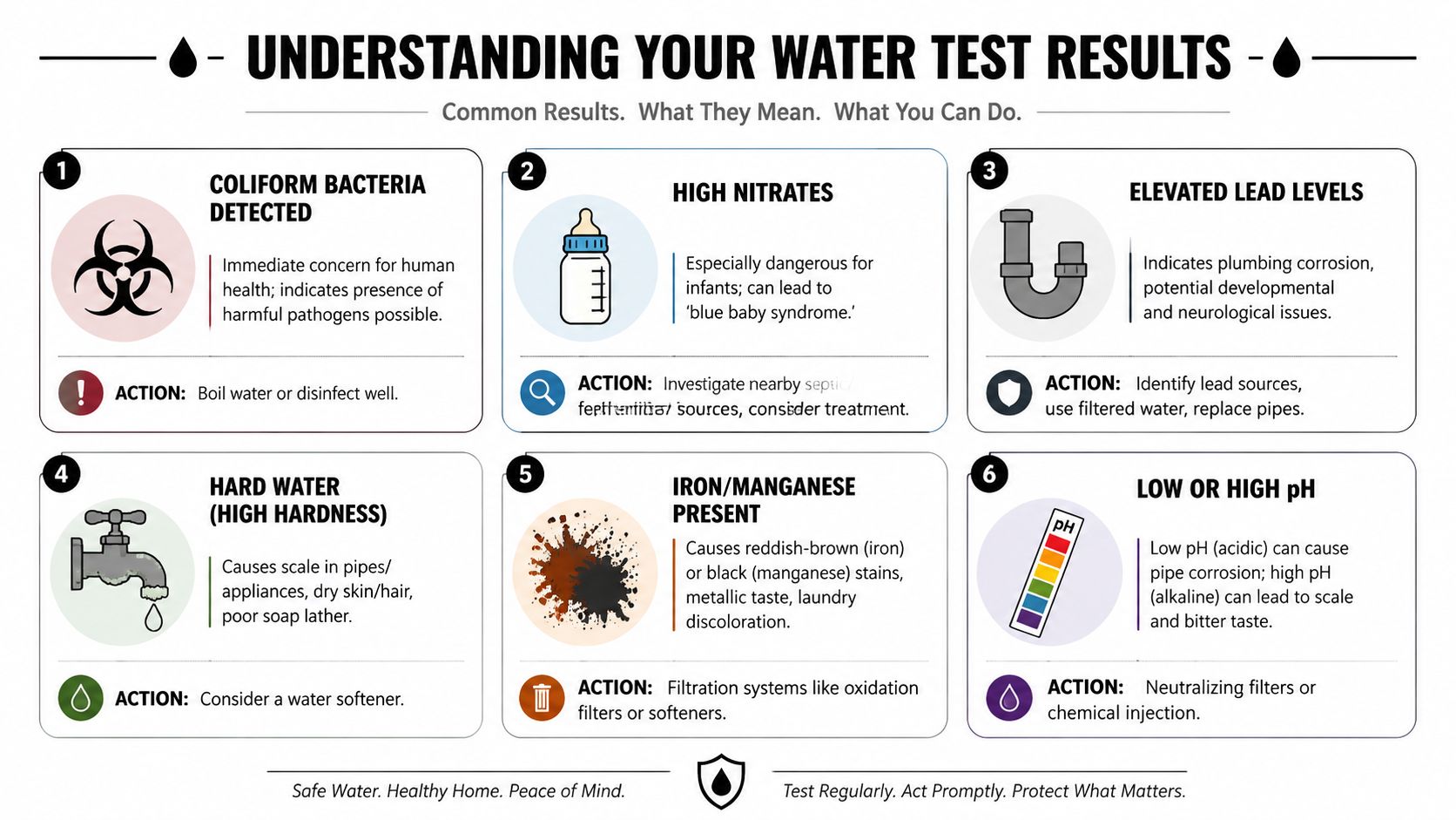 An infographic titled Understanding Your Water Test Results showing six common contaminants and recommended actions for home safety.