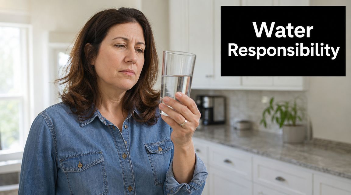 A concerned woman examining a glass of water in her kitchen during water quality testing.