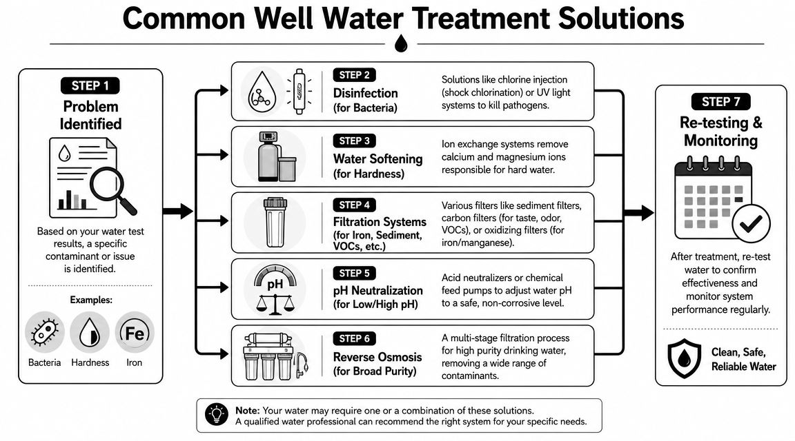 An infographic showing a step-by-step process for common well water treatment solutions to ensure clean drinking water.