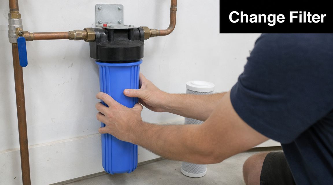 A person preparing to change the filter cartridge of a whole house water filtration system installation.
