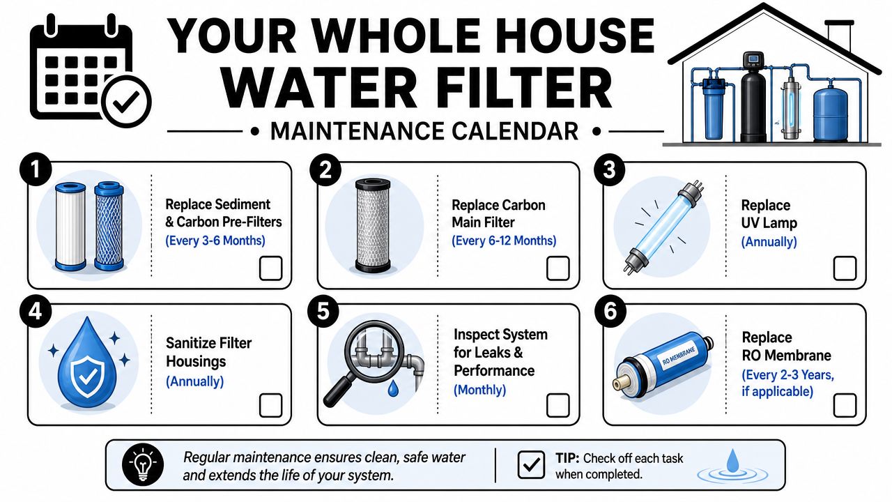 A maintenance calendar chart outlining the replacement schedule and inspection tasks for whole house water filter systems.