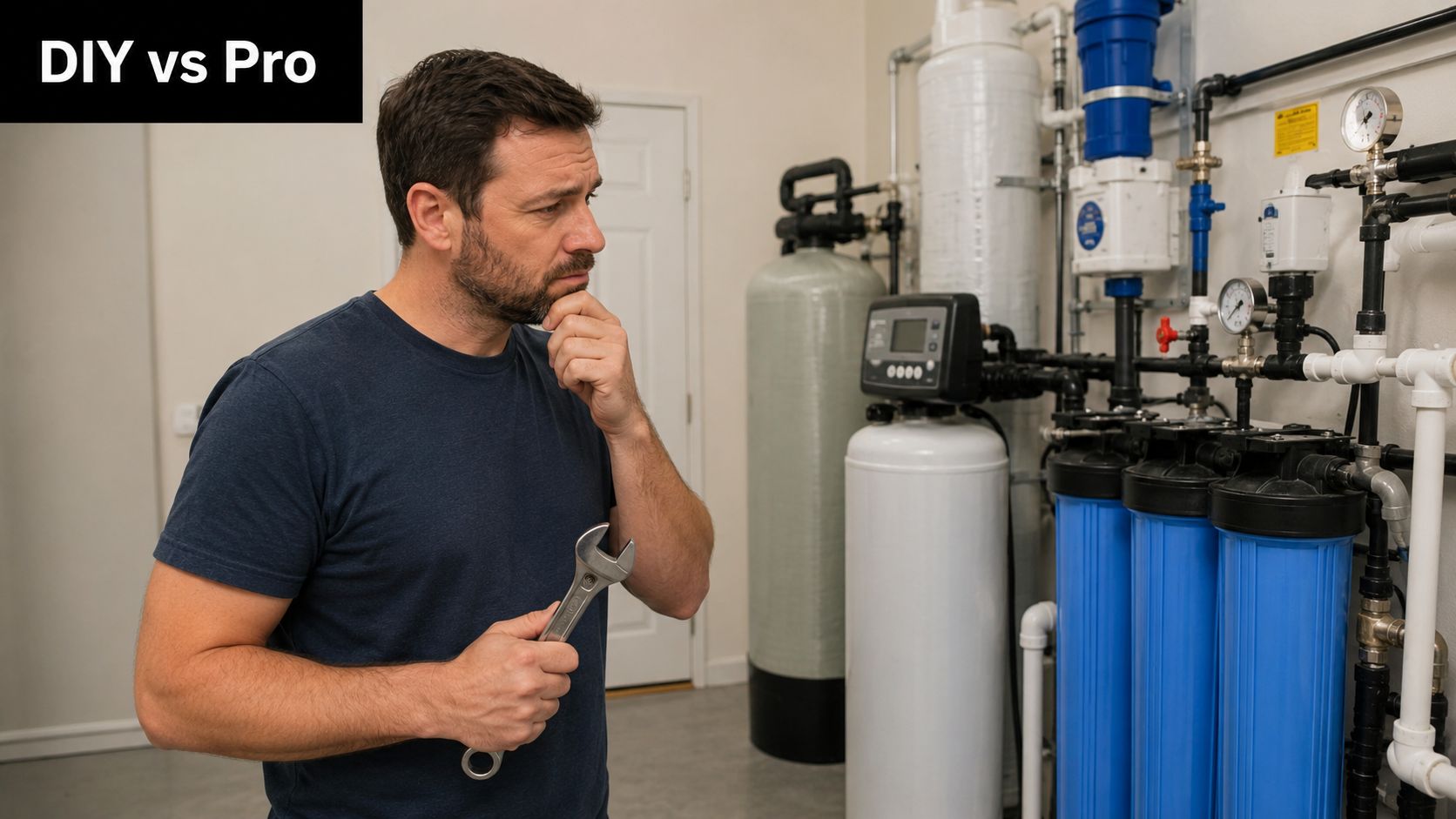 A man in a t-shirt holding a wrench and thoughtfully observing a home water filtration system.