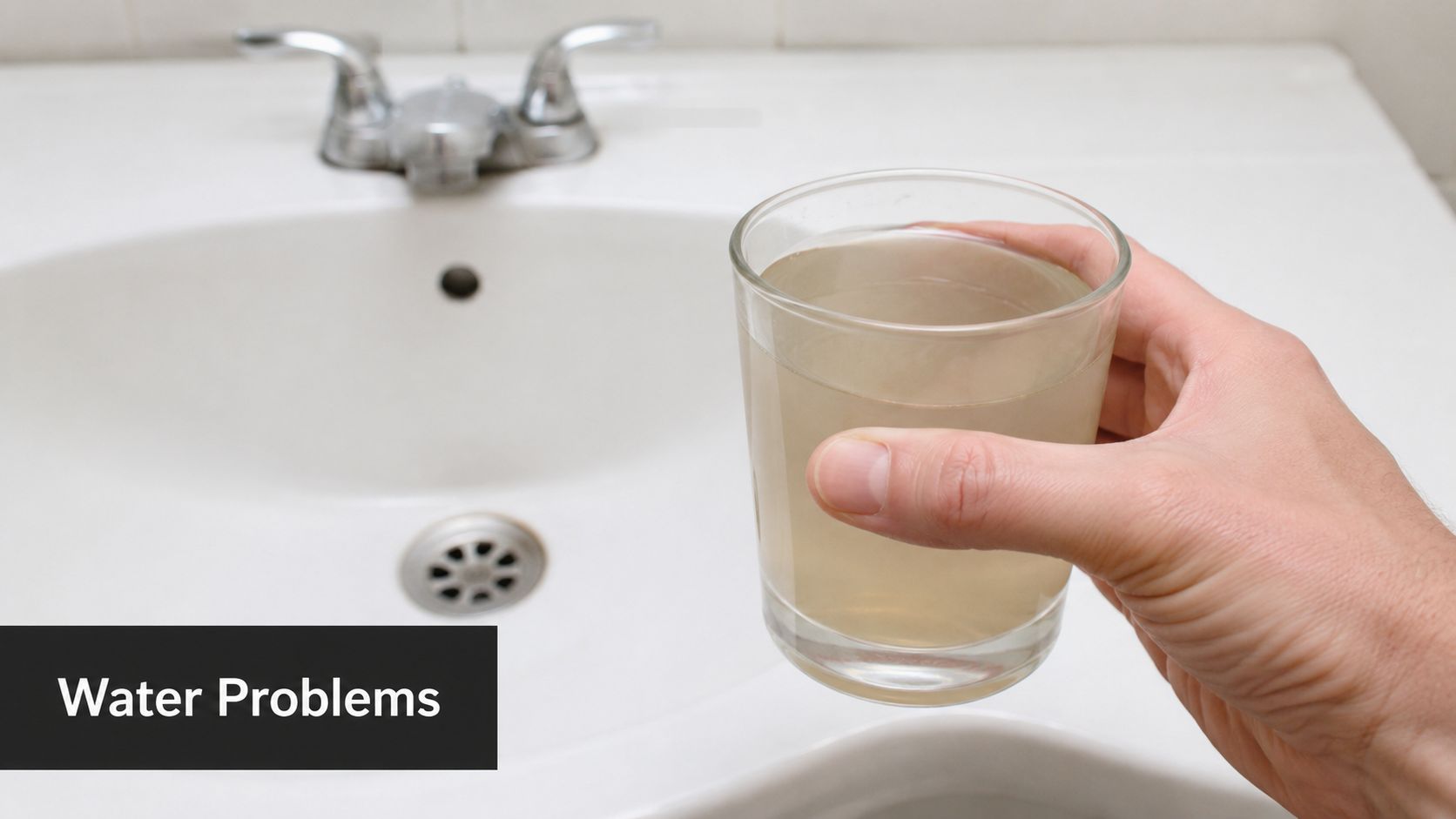 A person holding a glass of murky, discolored tap water in a bathroom sink setting.