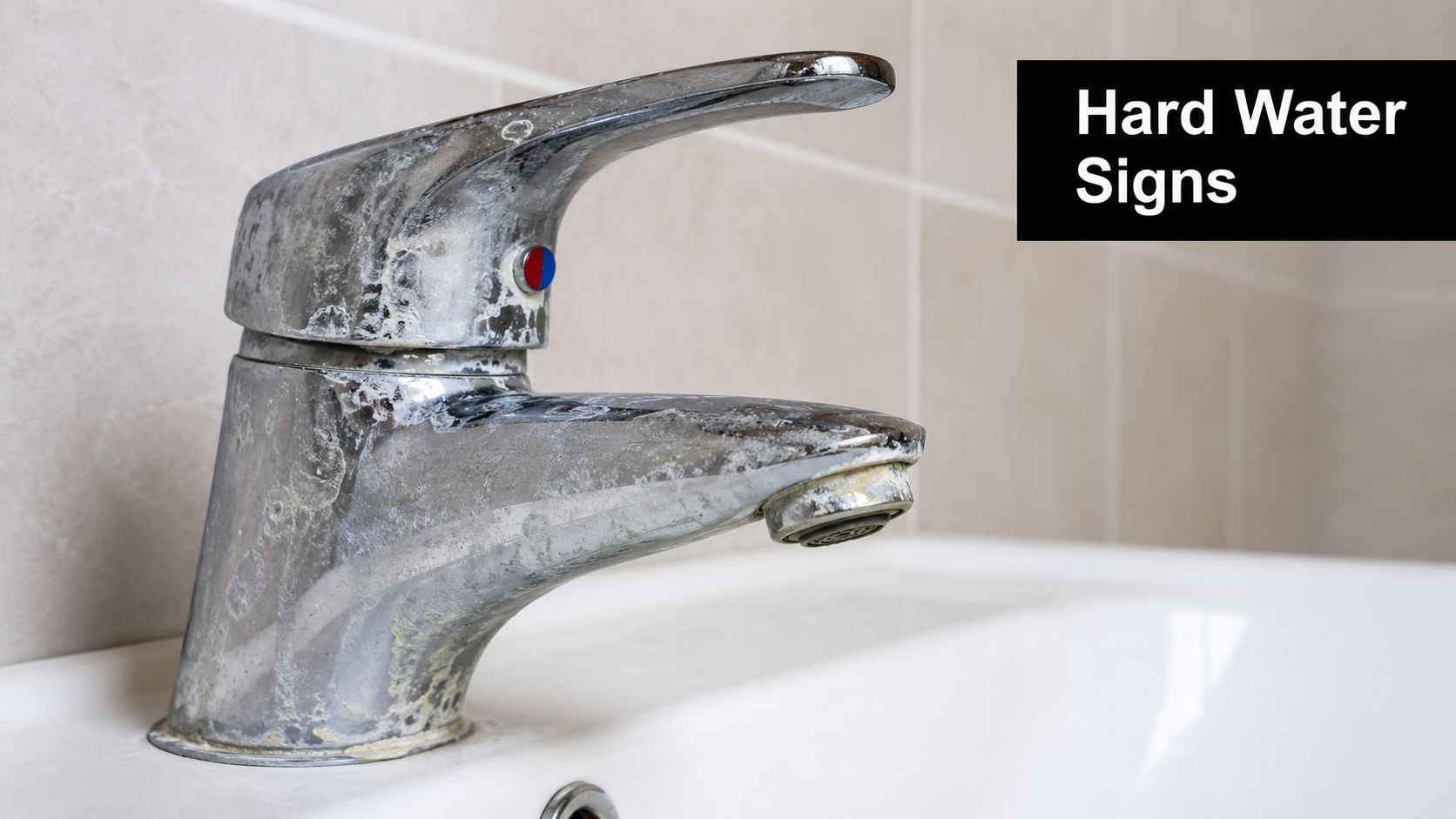 A chrome bathroom faucet showing significant mineral buildup and limescale deposits caused by hard water exposure.