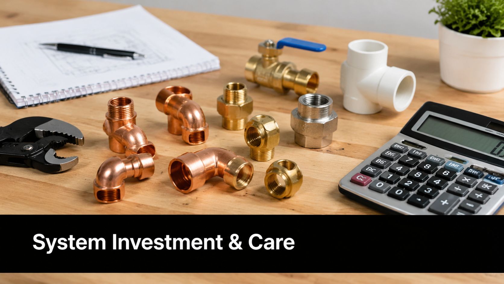 A wooden table displays plumbing fittings, a calculator, a notebook, and tools for water system maintenance.