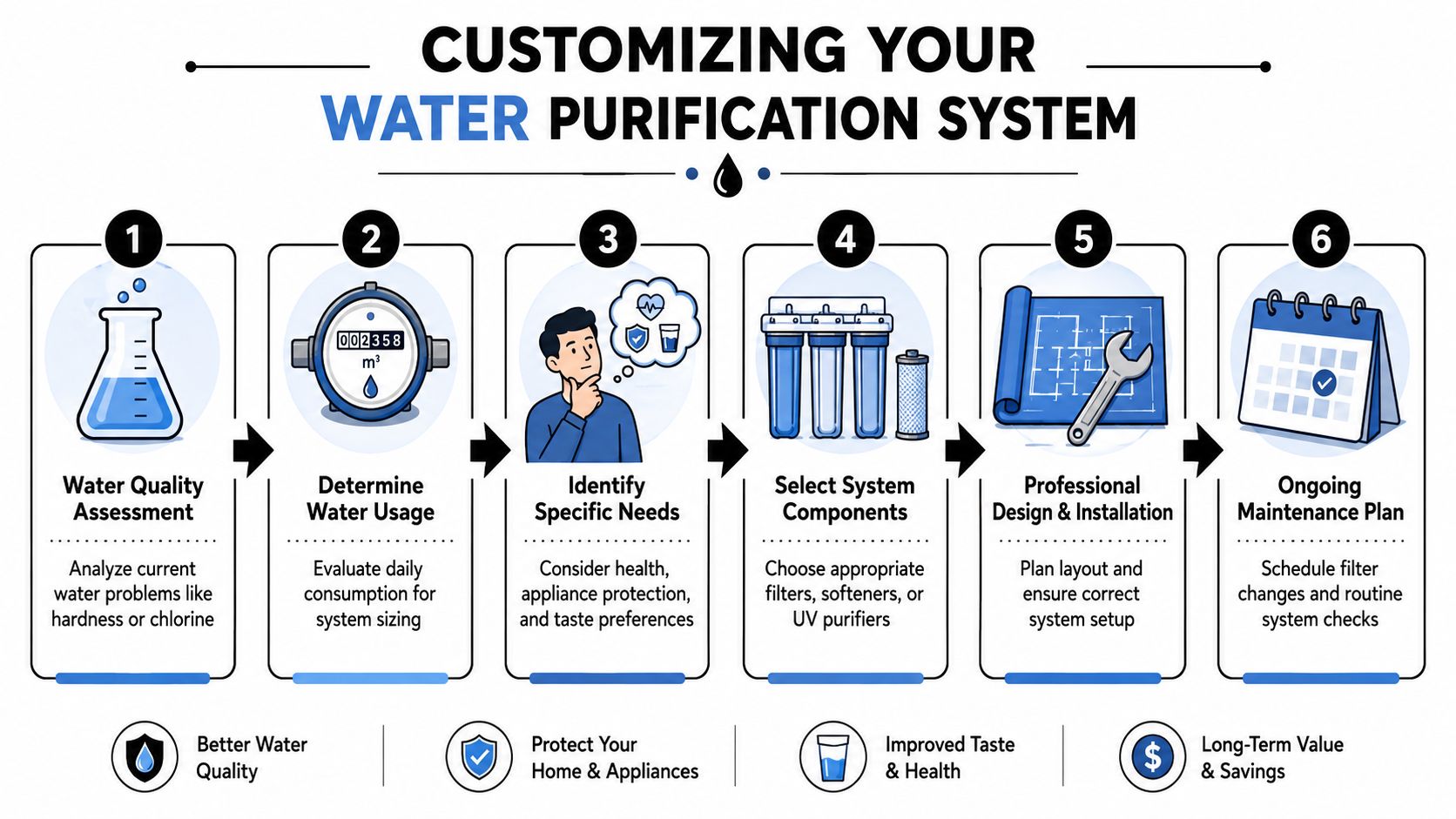A six-step infographic guide illustrating the process of customizing a whole house water purification system.