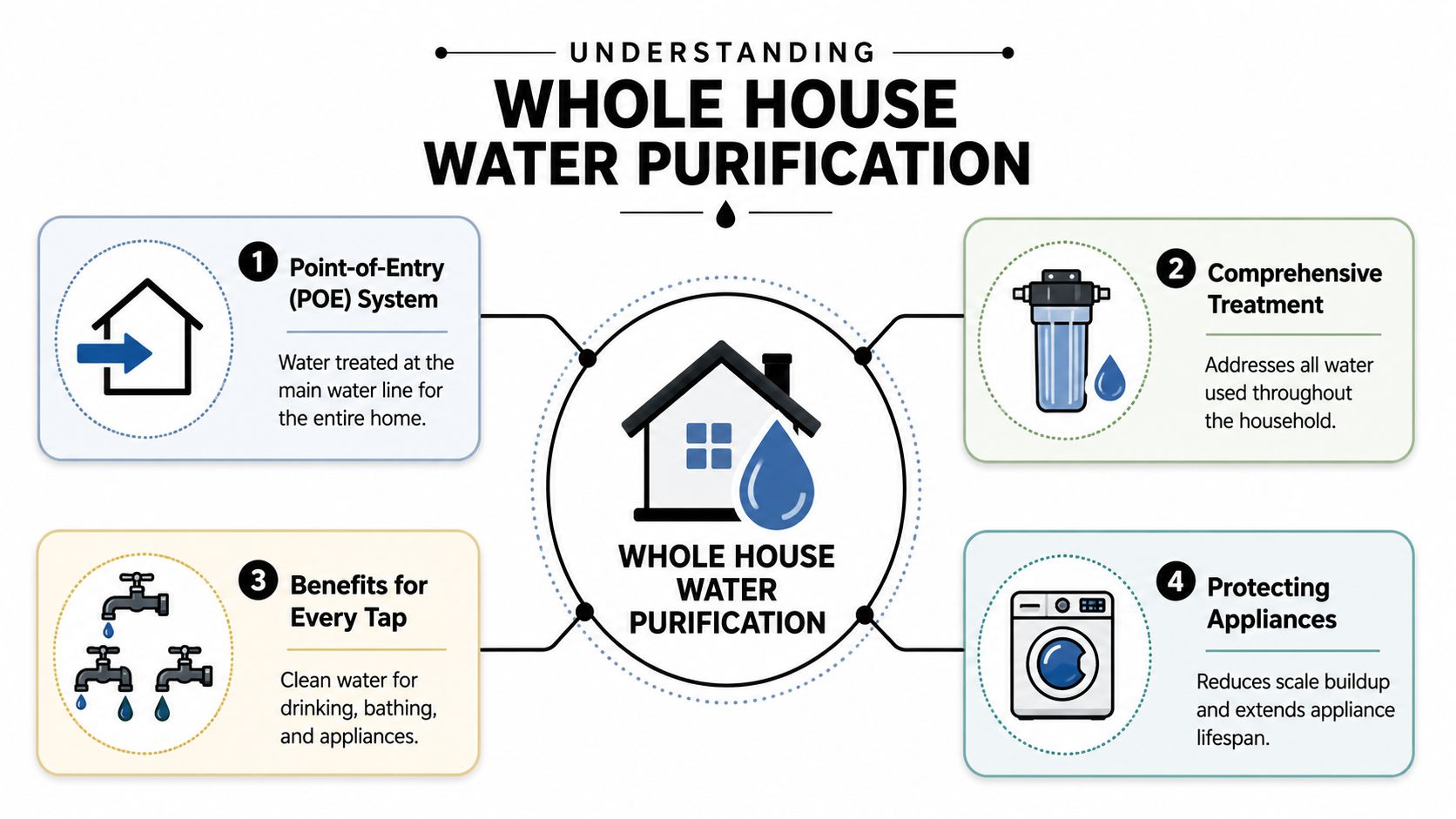 An infographic titled Understanding Whole House Water Purification showing its four key benefits for residential water systems.