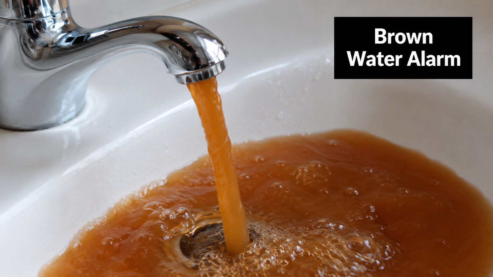 A close up view of a chrome faucet dispensing dark brown, contaminated water into a white sink.