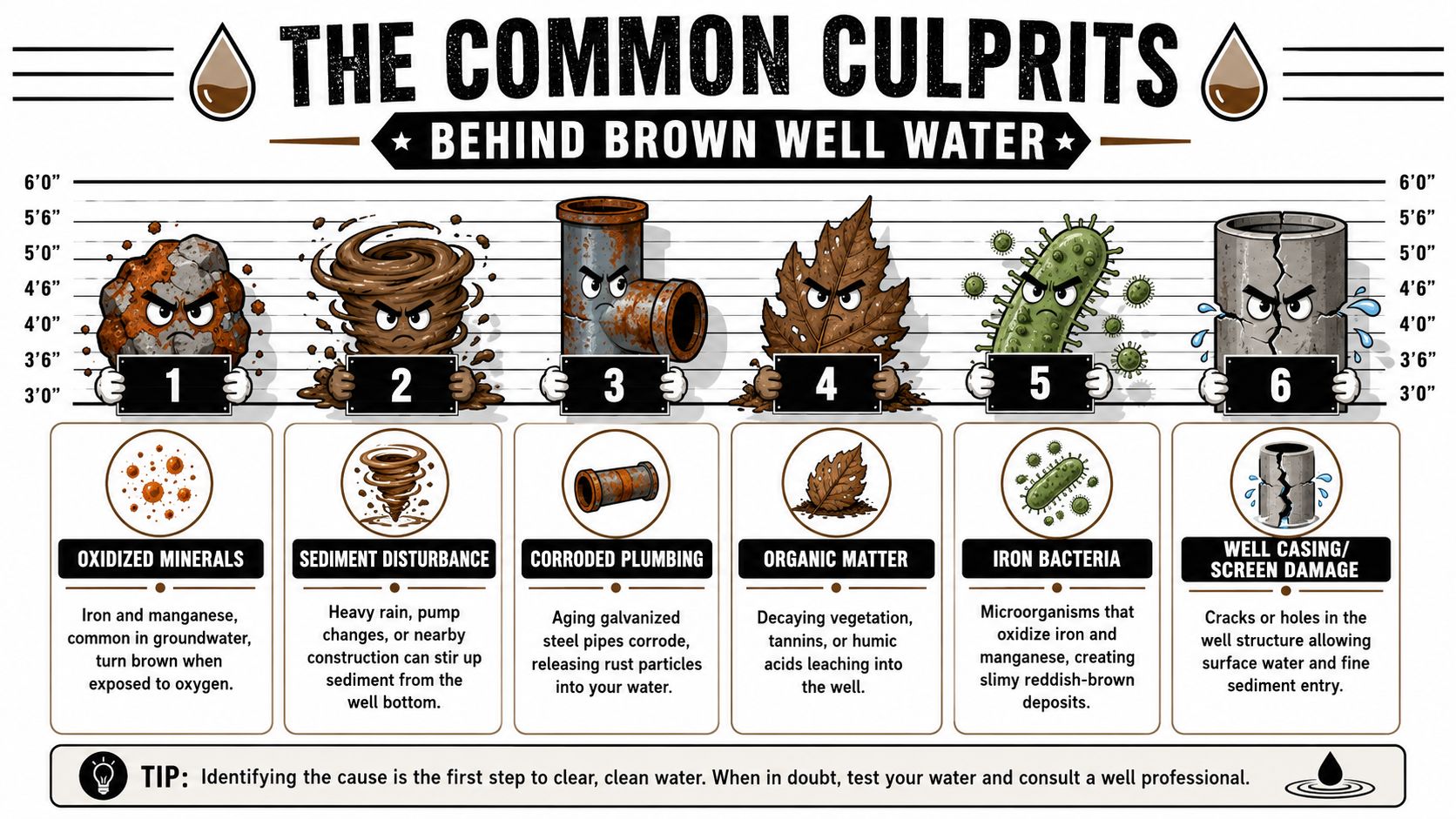 An infographic showing six common causes of brown well water including minerals, sediment, plumbing, and damage.