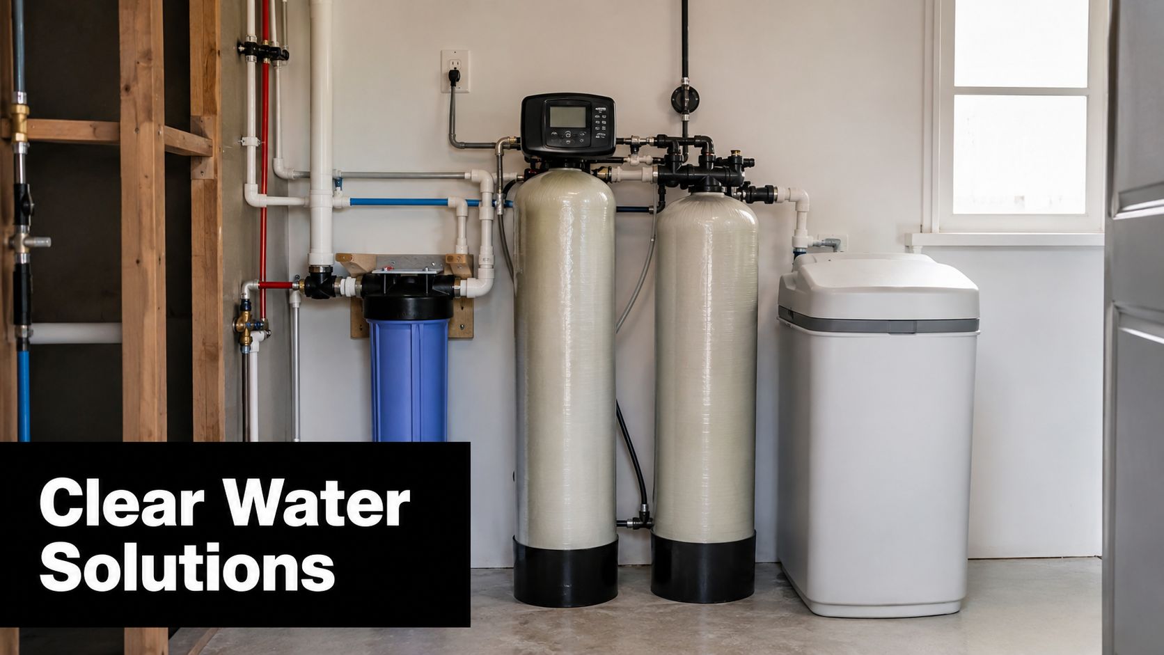 A professional residential water filtration system with tanks, a blue filter housing, and plumbing in a basement.