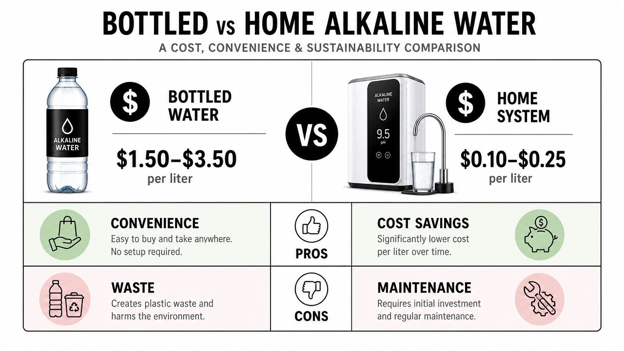 A comparison infographic between the costs, convenience, and environmental impact of bottled versus home alkaline water systems.
