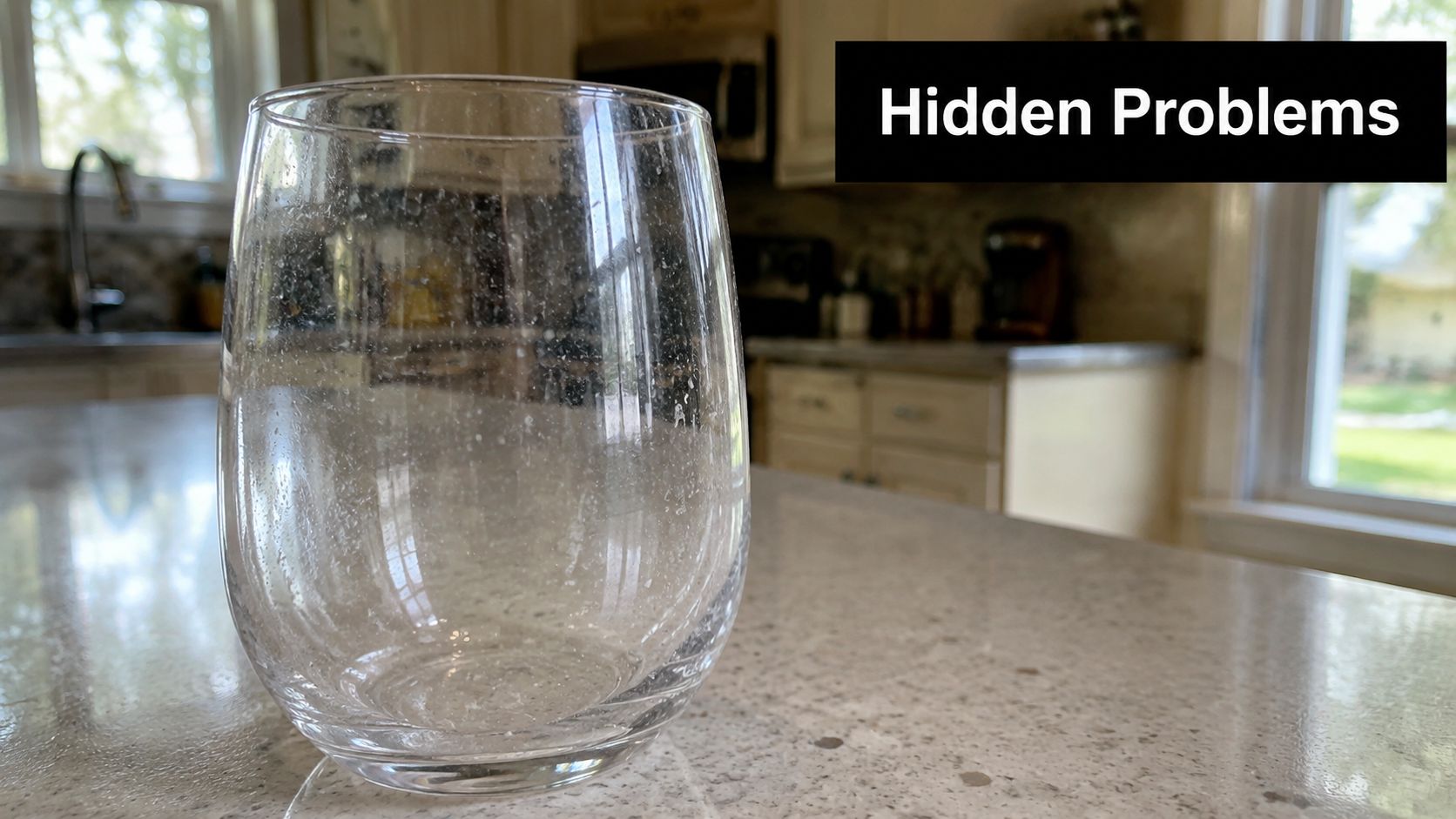 A drinking glass with visible hard water spots sitting on a kitchen countertop in front of a window.