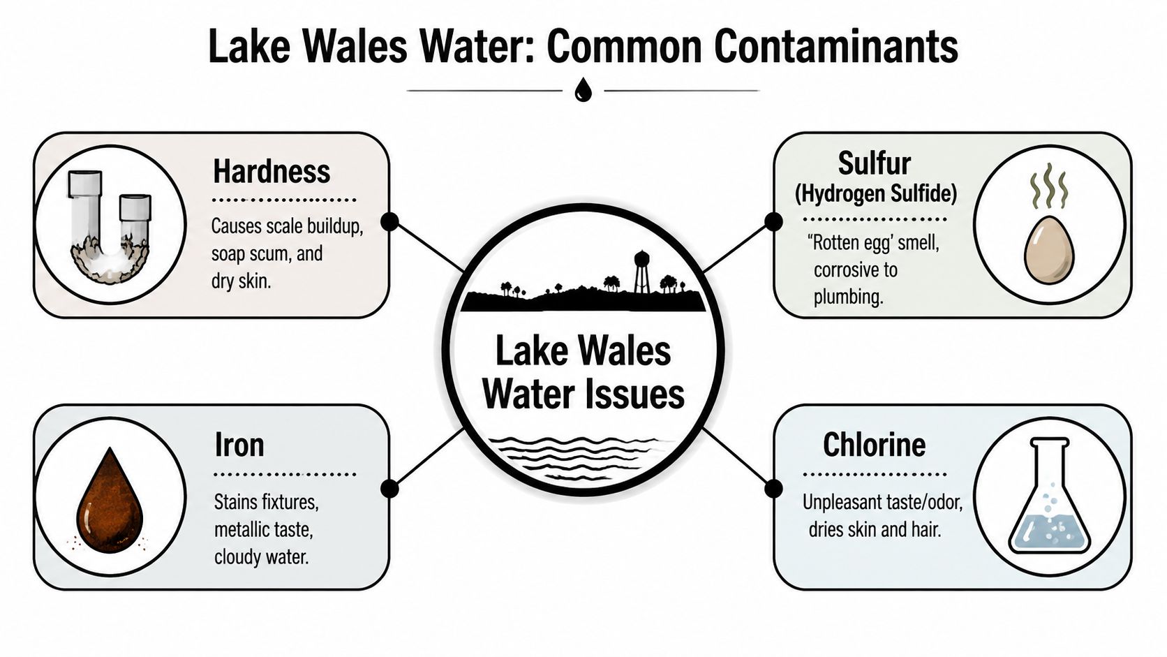 An infographic detailing common water contamination issues in Lake Wales, including hardness, sulfur, iron, and chlorine.