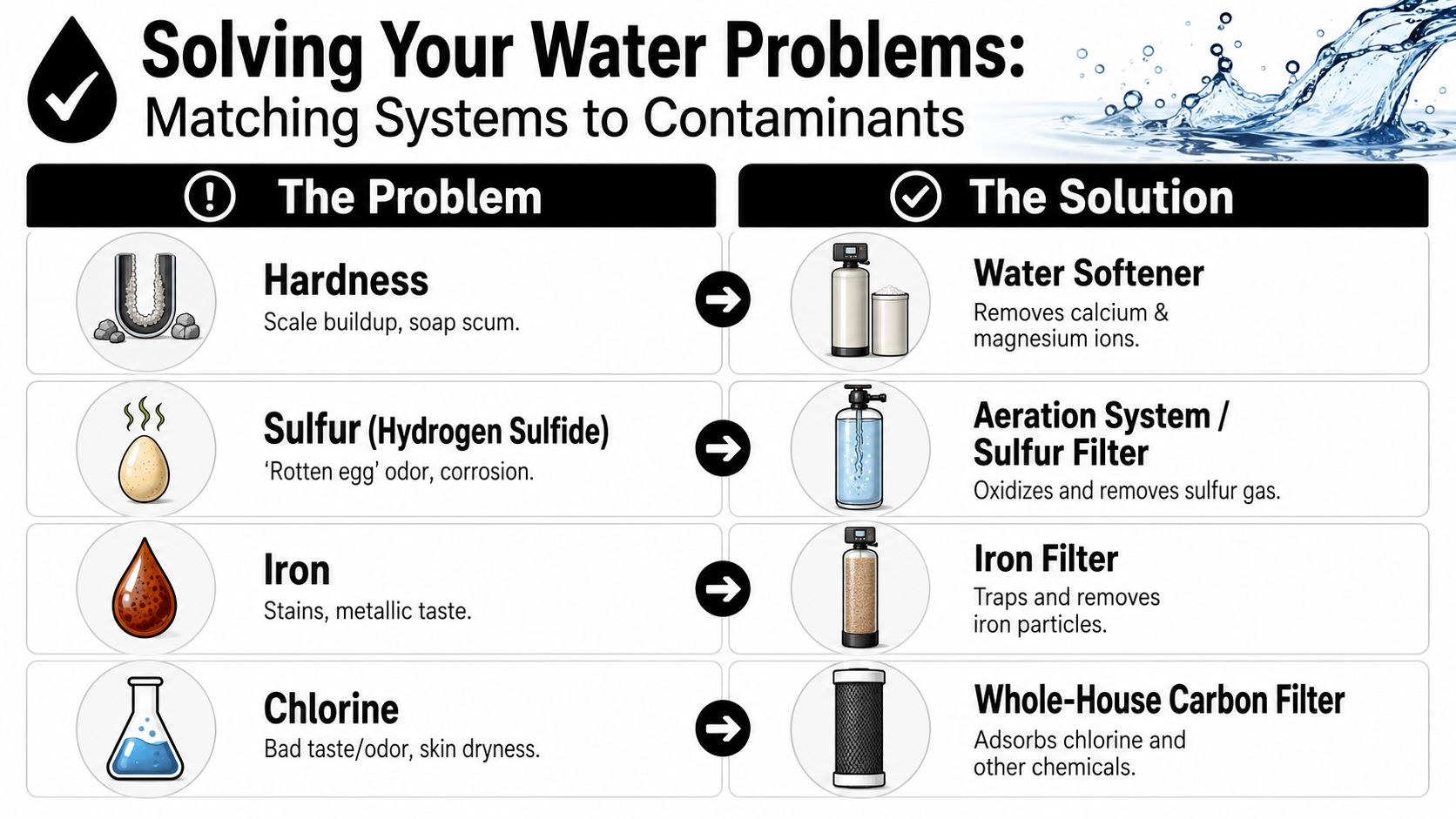 A chart showing common water contaminants like hardness, sulfur, iron, and chlorine matched with treatment solutions.