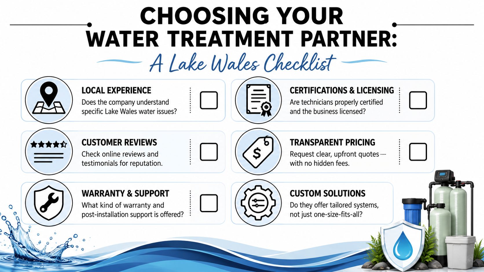 A checklist for choosing a water treatment company in Lake Wales with icons for key factors.