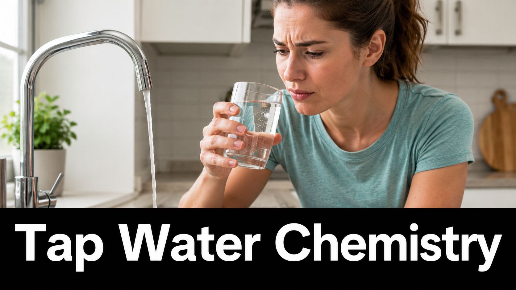 A concerned woman inspects a glass of water poured from a kitchen faucet tap.