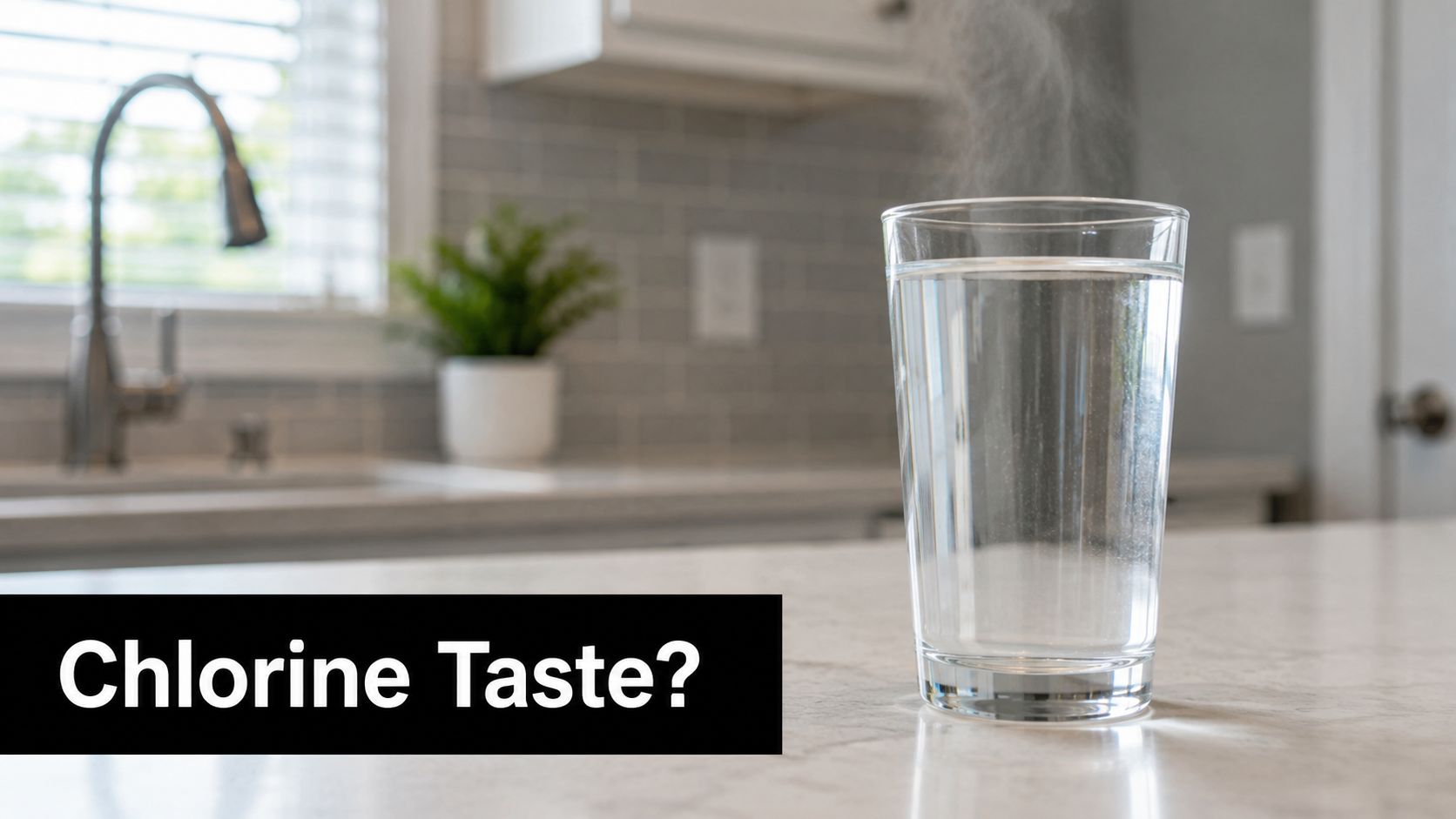 A glass of steaming water sits on a marble countertop in a modern residential kitchen setting.