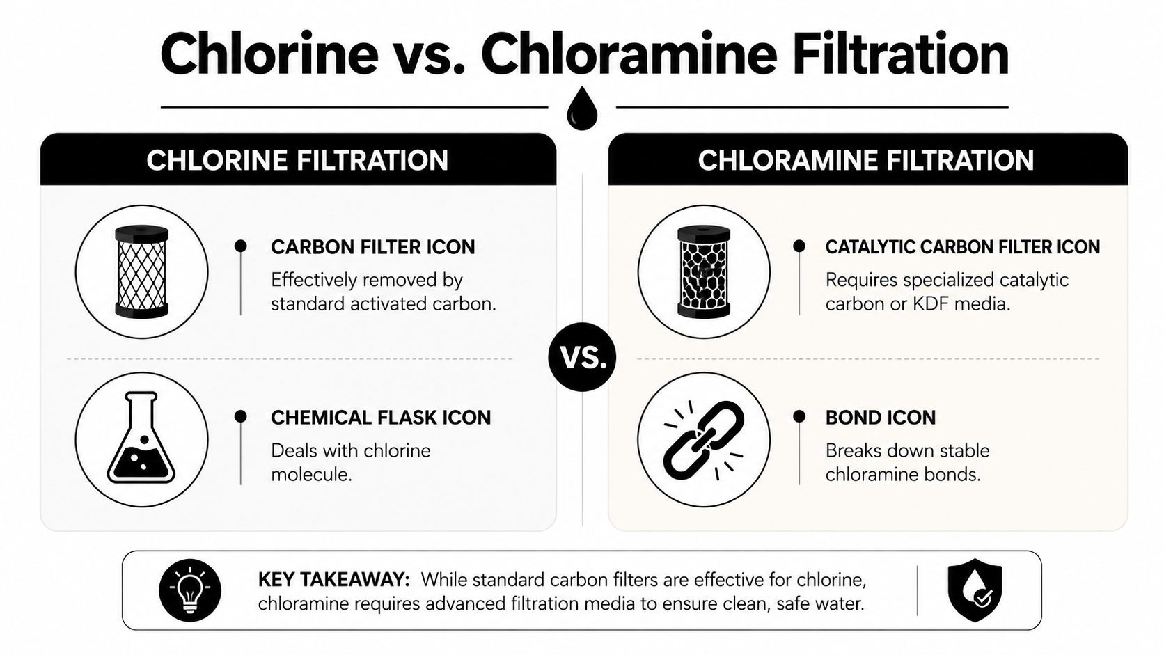 A comparison chart explaining the difference between chlorine and chloramine water filtration methods and technologies.