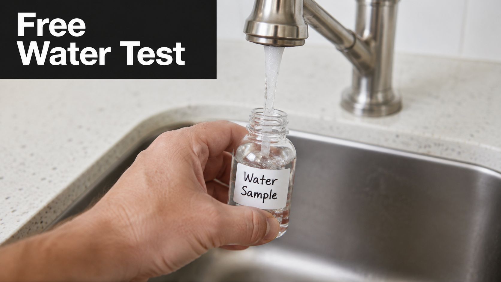 A hand holding a clear plastic bottle labeled Water Sample while filling it from a kitchen faucet.