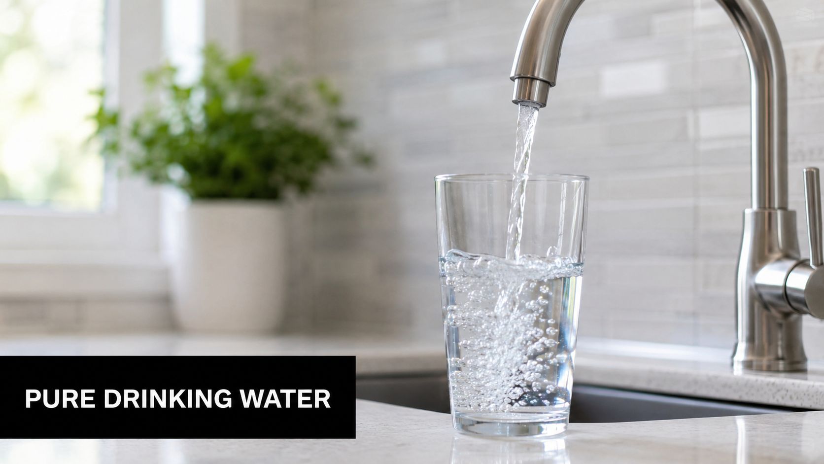 A glass of clear, clean drinking water being filled from a modern kitchen sink faucet.