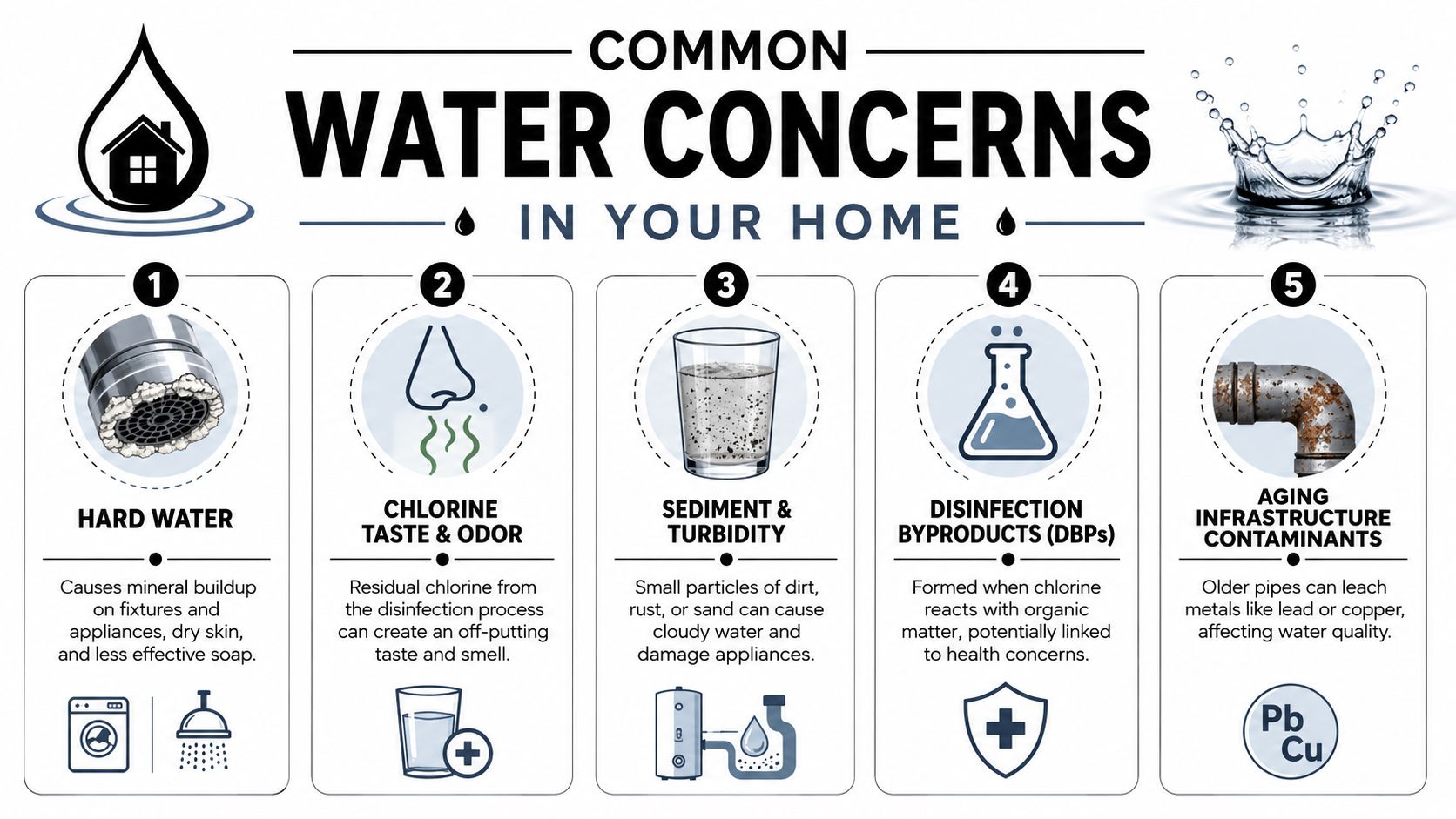 An infographic detailing five common household water quality concerns including hard water, chlorine, sediment, byproducts, and aging pipes.