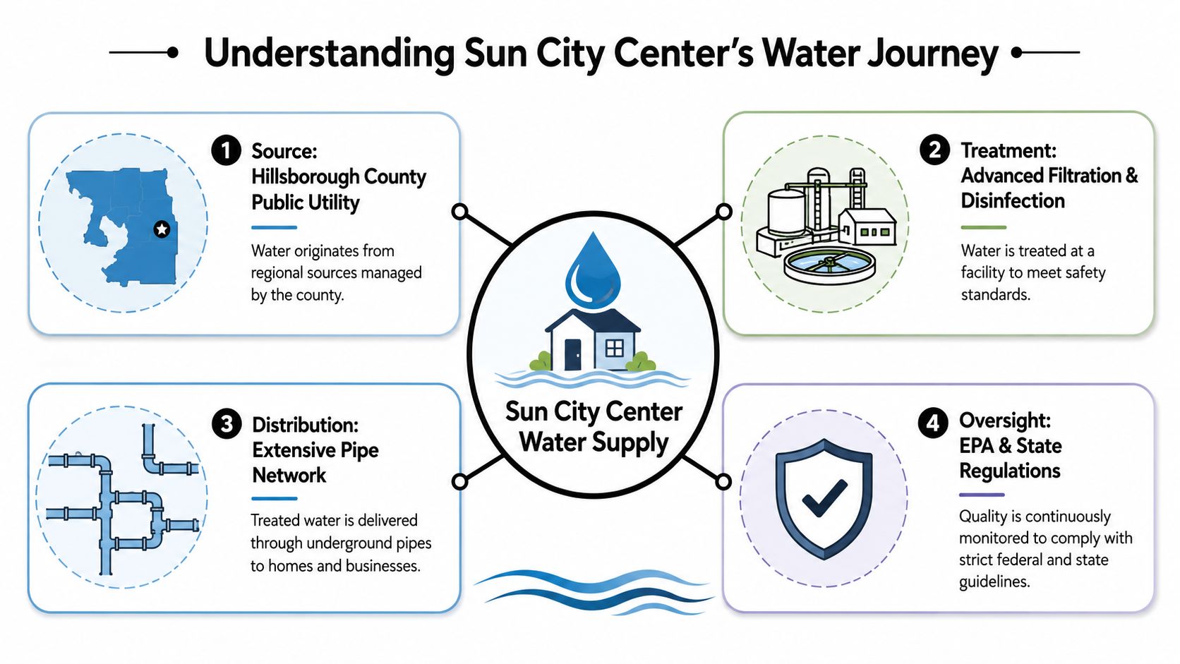 A diagram illustrating the four steps of the Sun City Center water supply process from source to oversight.