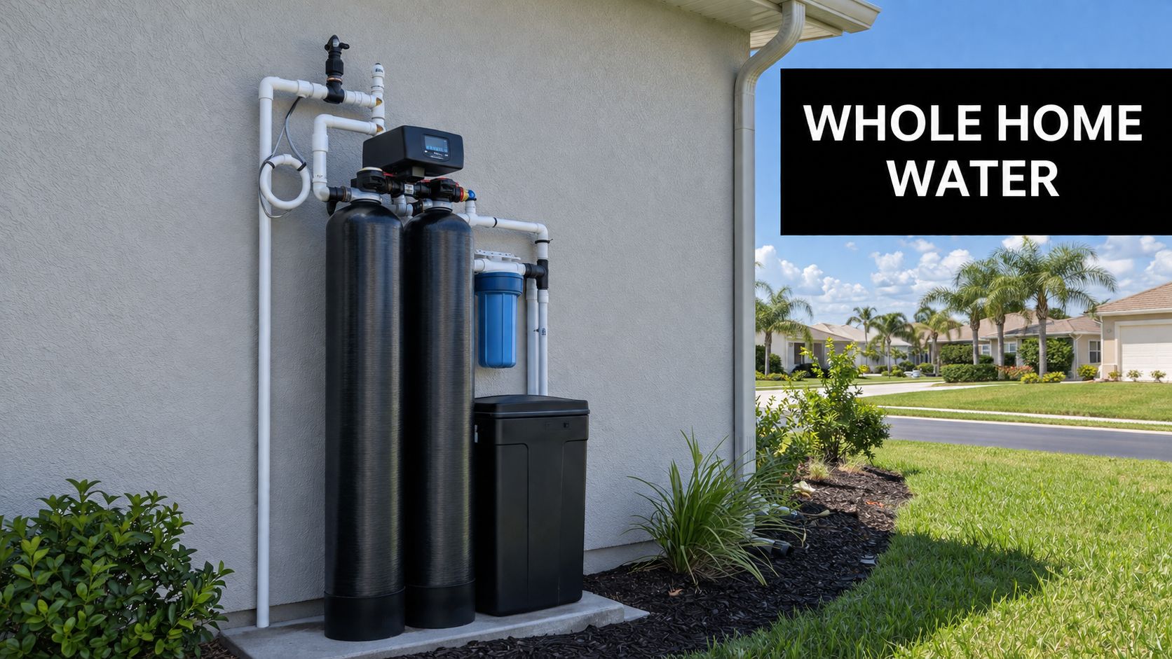 A professional whole home water treatment system installed on the exterior of a Florida residence.