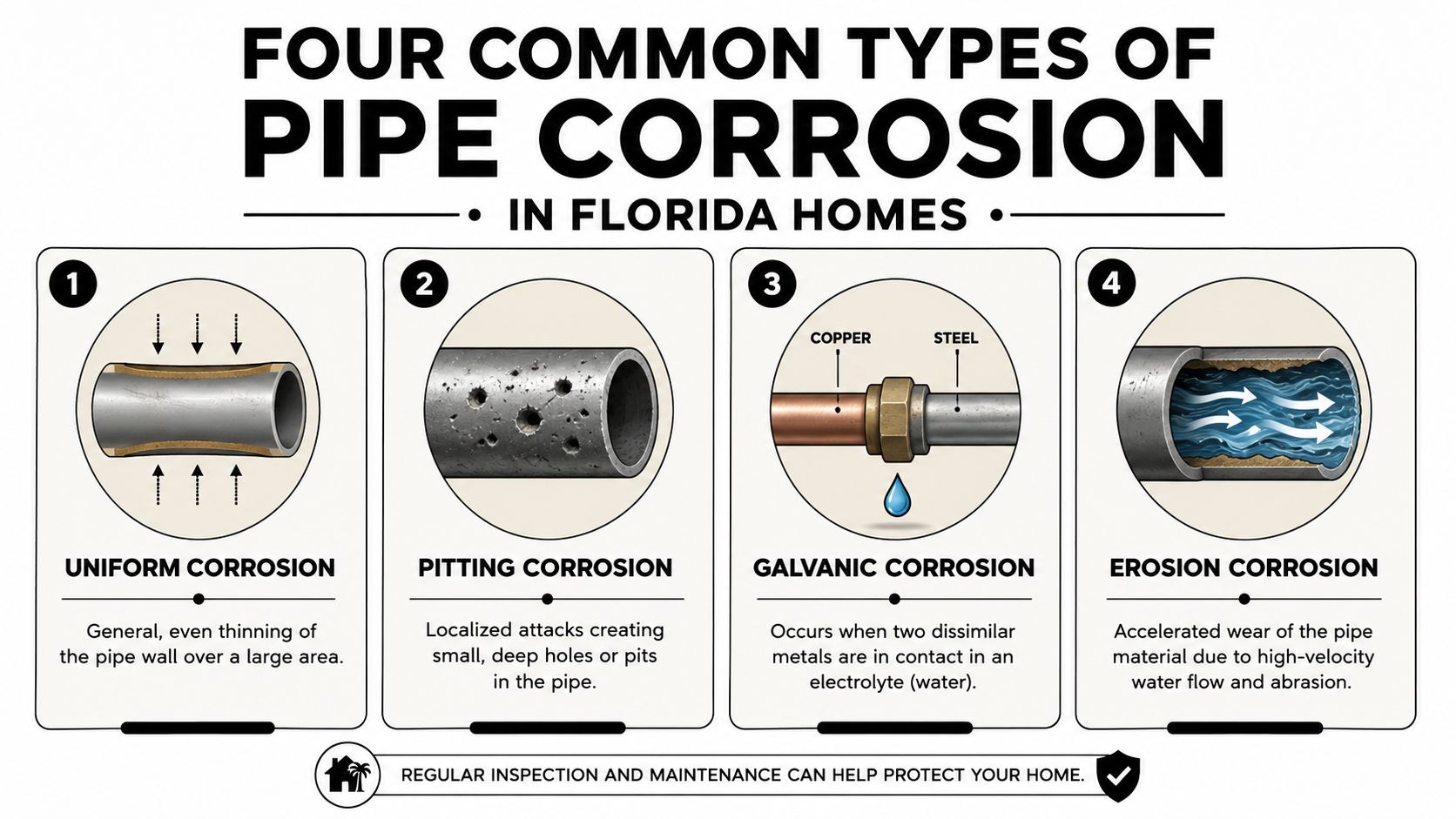 An educational infographic showing four common types of pipe corrosion found in homes: uniform, pitting, galvanic, and erosion.