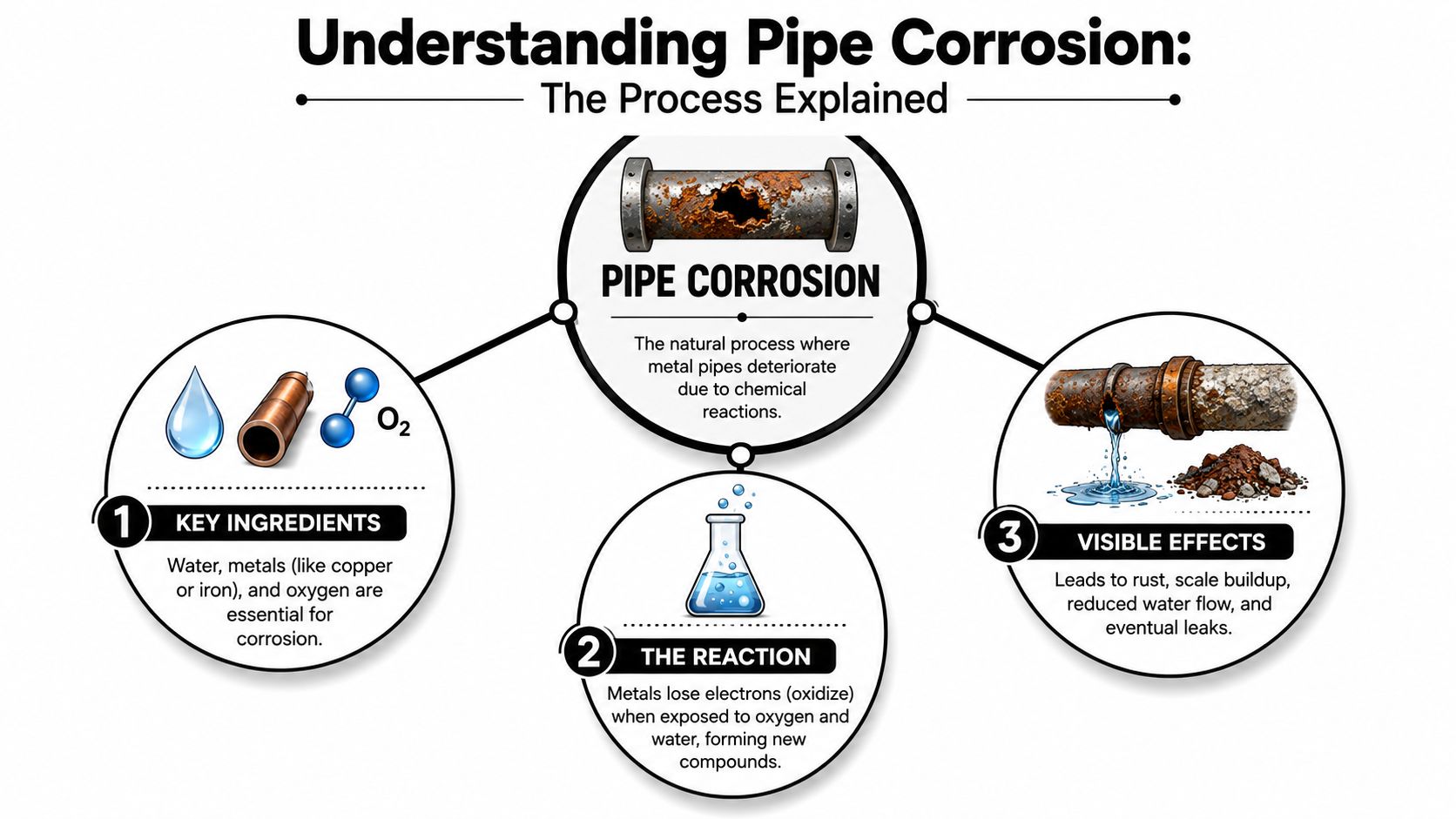 An infographic diagram explaining the natural chemical process of corrosion in metal water pipes with three steps.