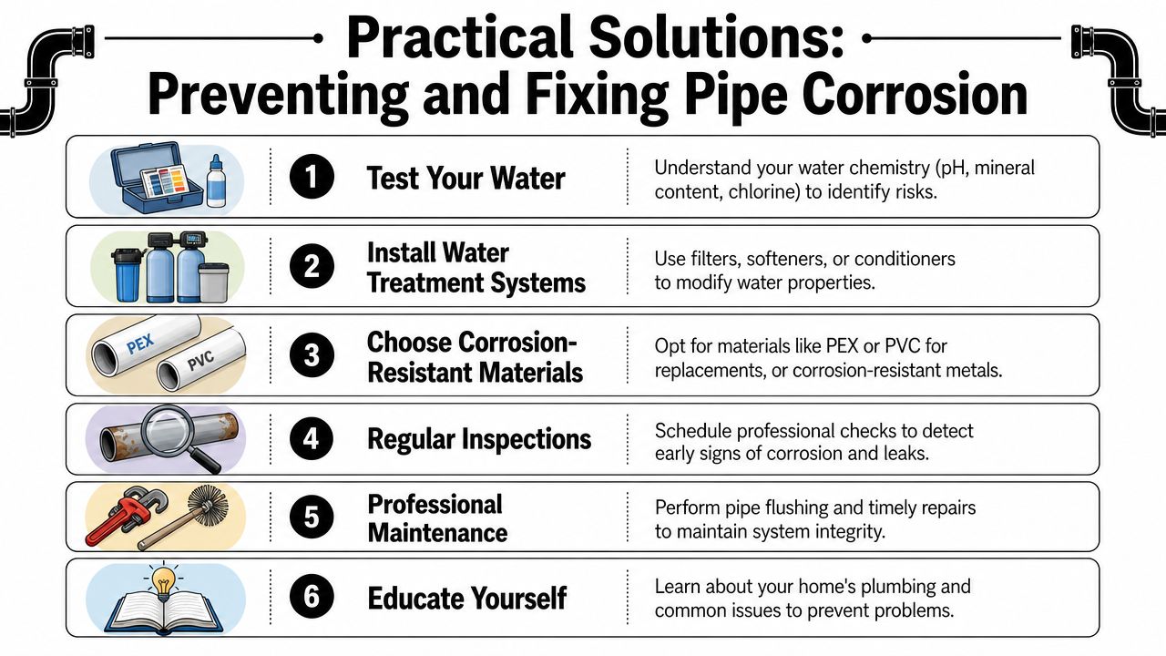 An infographic detailing six practical solutions for preventing and fixing corrosion in household water pipes.