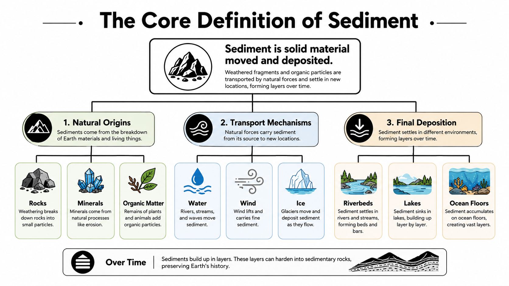 An infographic titled The Core Definition of Sediment, illustrating natural origins, transport mechanisms, and final deposition of sediments.