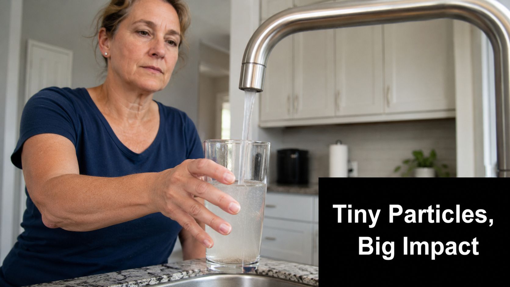 A middle-aged woman fills a glass with water from a kitchen tap, illustrating potential sediment contamination.