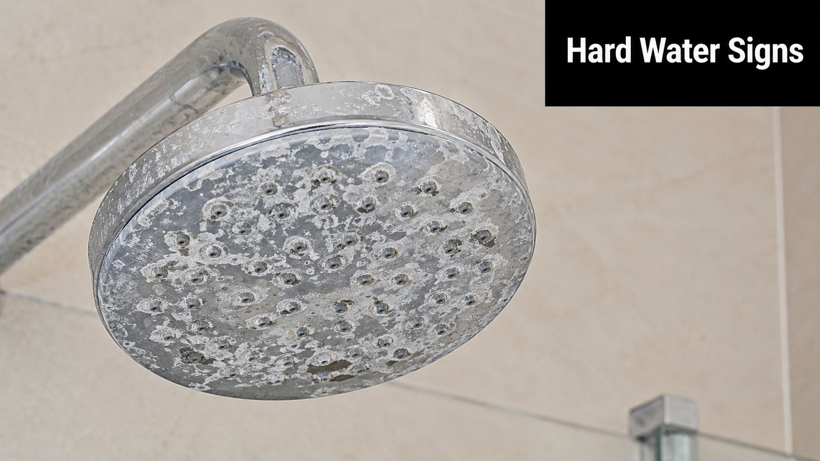 A close-up view of a bathroom shower head covered in white mineral buildup from hard water.