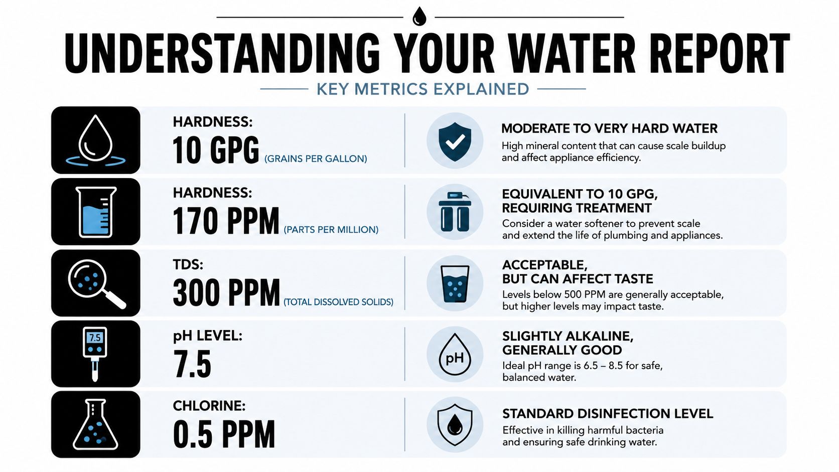 An infographic titled Understanding Your Water Report explaining water quality metrics like hardness, TDS, pH, and chlorine.