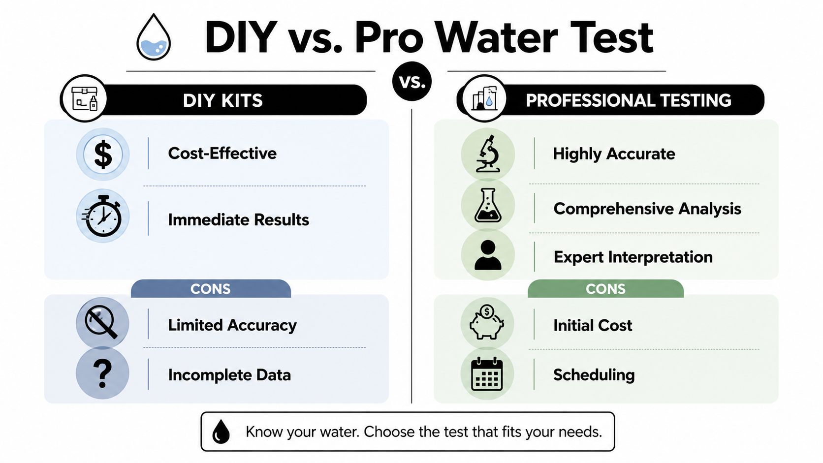 A comparison infographic between DIY water test kits and professional water testing services highlighting pros and cons.