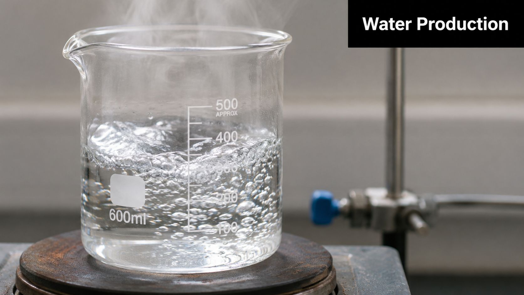 A glass beaker filled with boiling water sits on a laboratory hot plate emitting steam.