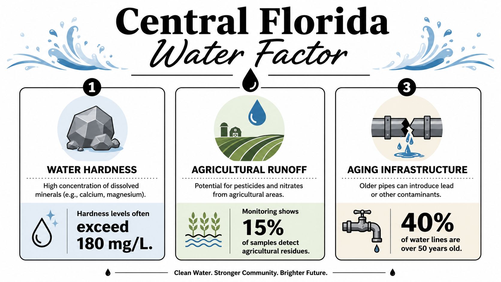 An infographic detailing the Central Florida water quality factors including water hardness, agricultural runoff, and aging infrastructure issues.