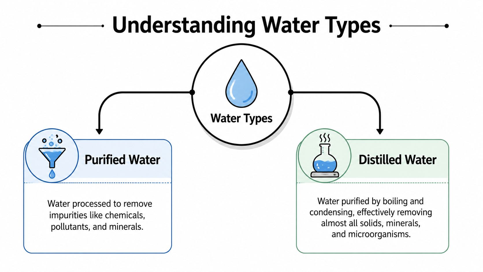 An infographic comparing purified water and distilled water processes, highlighting their distinct methods of filtration and purification.