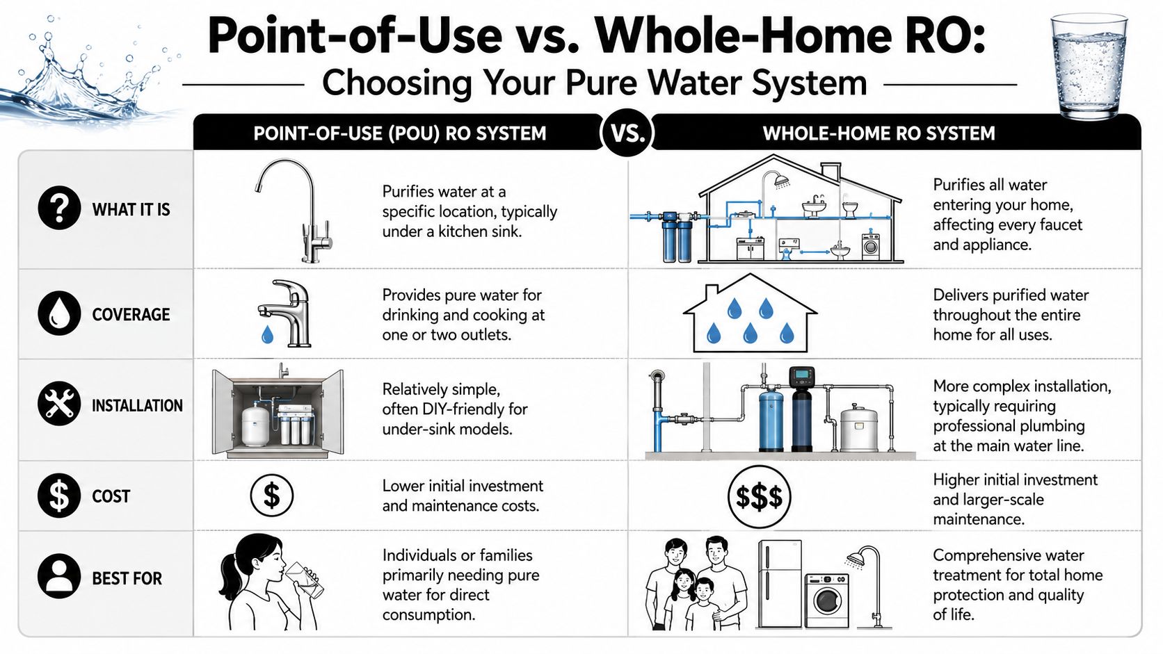 A comparison chart explaining the differences between point-of-use and whole-home reverse osmosis water filtration systems.