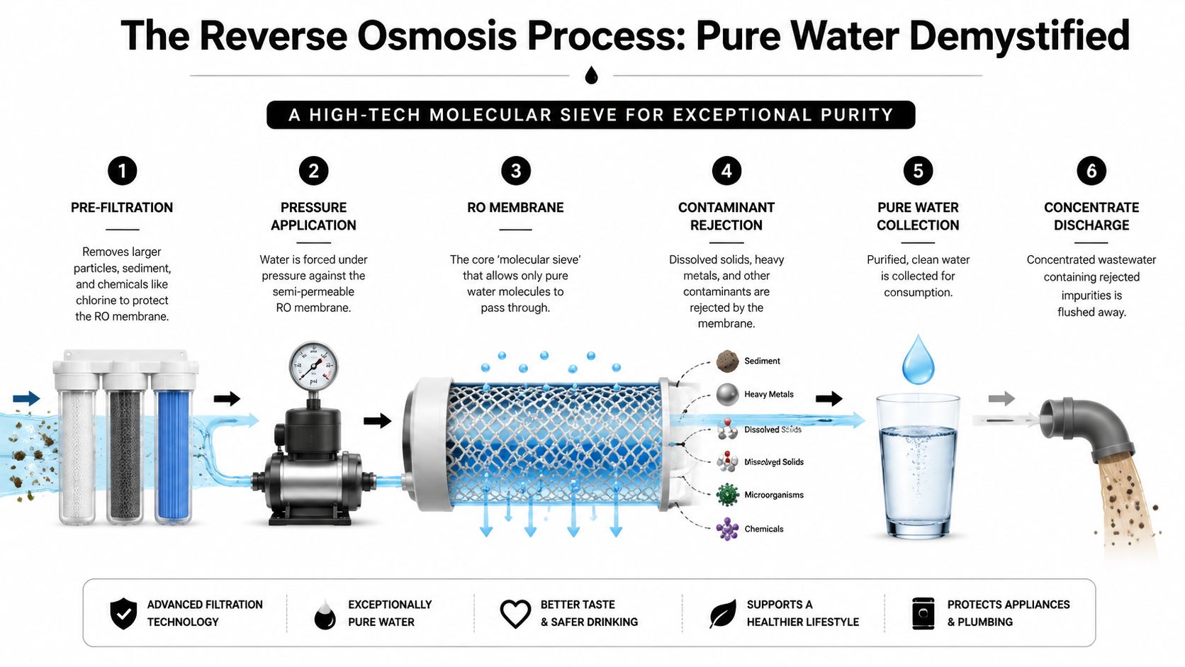A diagram illustrating the six-step reverse osmosis process for water purification from pre-filtration to concentrate discharge.