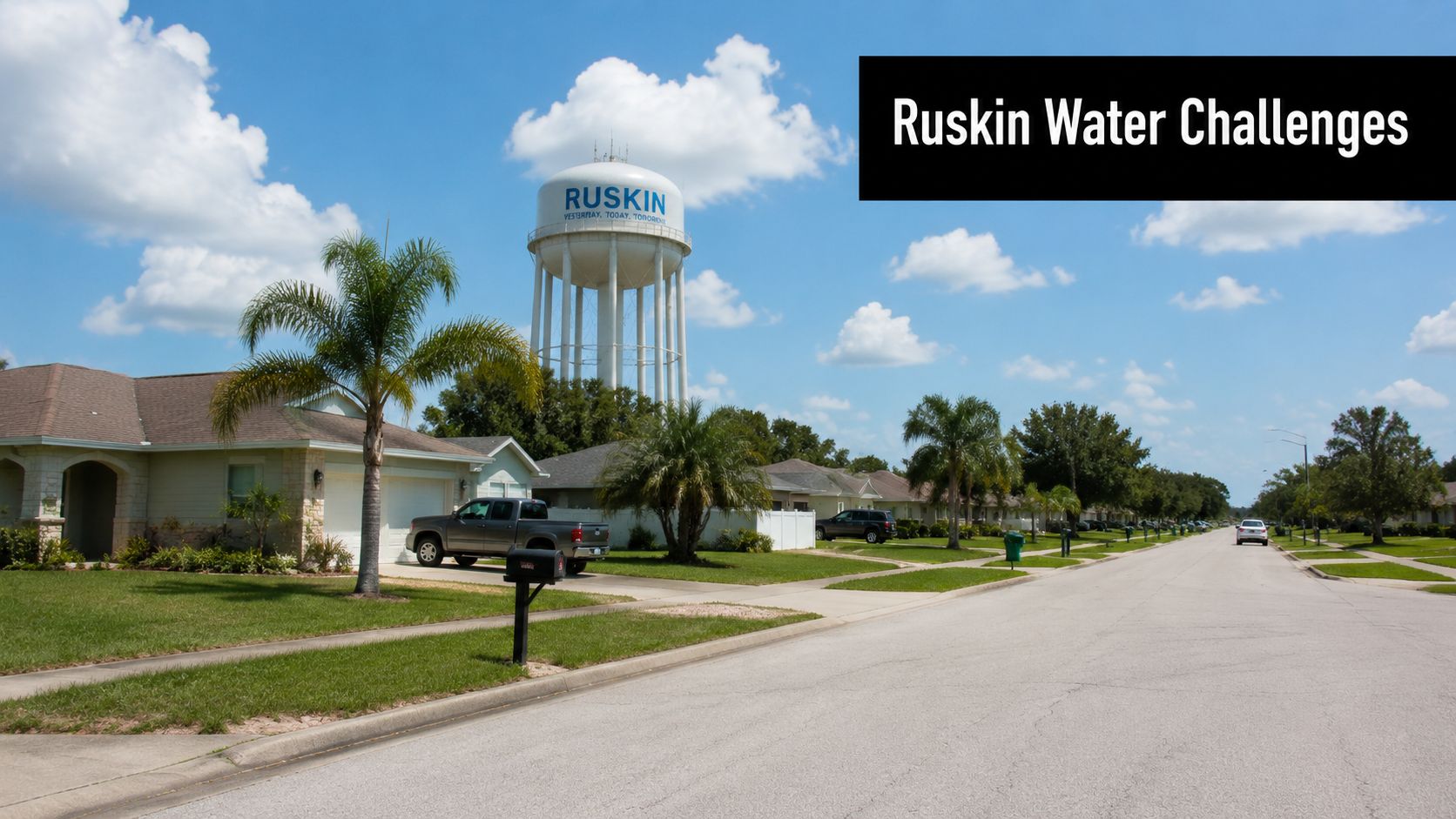 A quiet residential street in Ruskin Florida featuring a prominent community water tower against a blue sky.