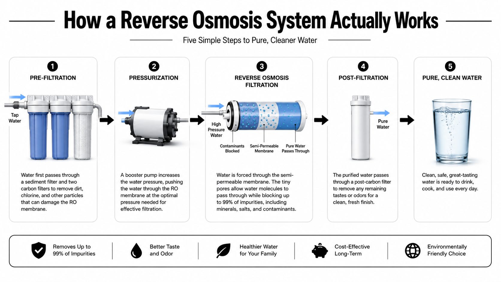 A diagram illustrating the five-step process of a reverse osmosis water filtration system for clean water.