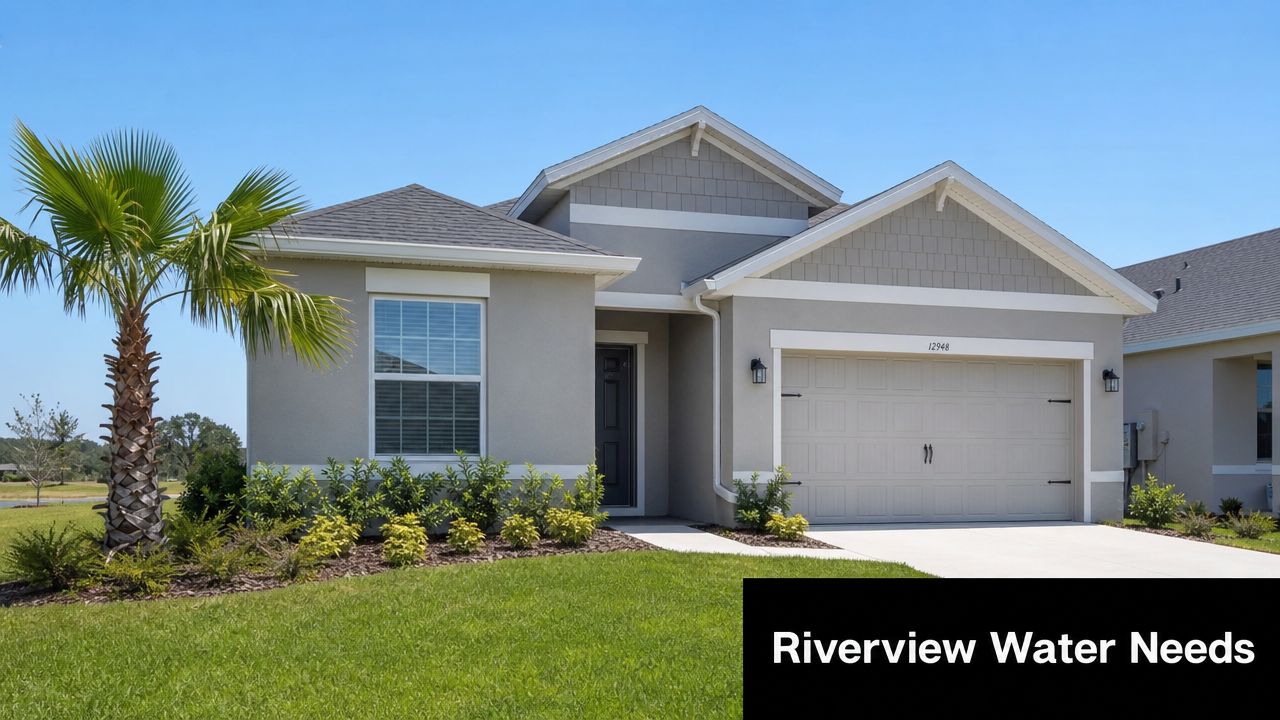 A single-story suburban residential home in Riverview, Florida with a manicured lawn and a palm tree.