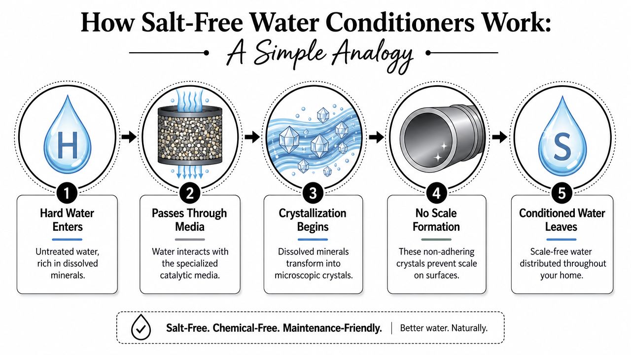 A five-step infographic showing the process of a salt-free water conditioner system removing hard water scale.