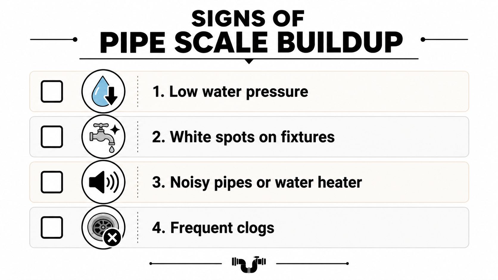 An infographic titled Signs of Pipe Scale Buildup listing four common indicators like low water pressure and clogs.